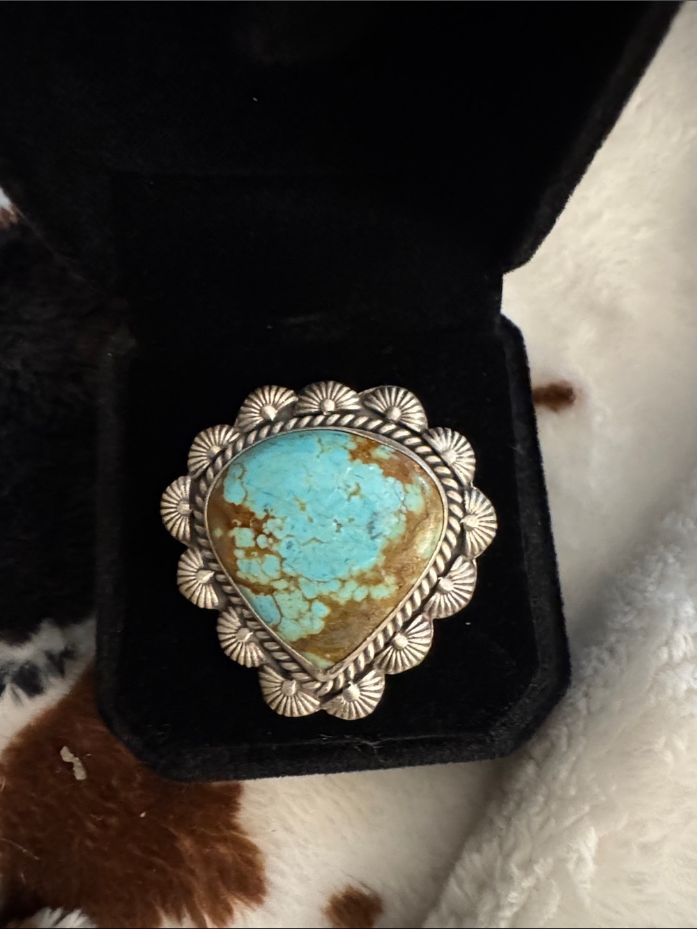 Turquoise Teardrop Ring in Silver Floral Bezel